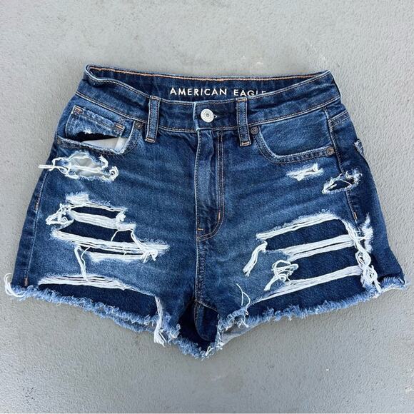 American Eagle Mom Short Distressed Dark Wash Strigid AEO size 00 - Picture 1 of 8